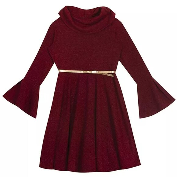 Rare Editions Girls 7 Burgundy Cowl Neck Skater Holiday Dress Gold Belt - Picture 1 of 14